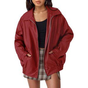 👑Women's Casual Red Faux Leather Jacket Motorcycle Style Coat Stand-up Collar